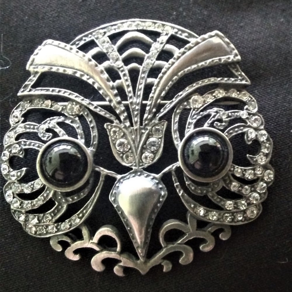 Vintage Sterling Silver and Black Onyx Brooch with Austrian Crystals
